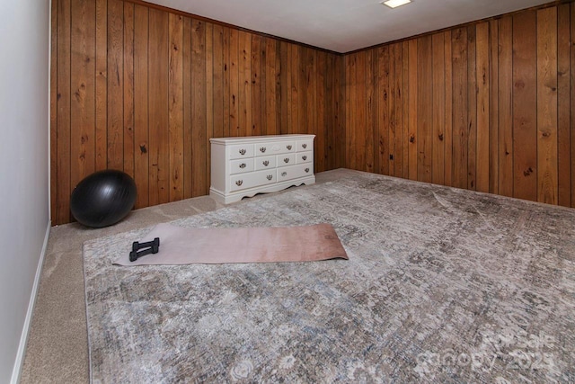 exercise area with wooden walls and carpet