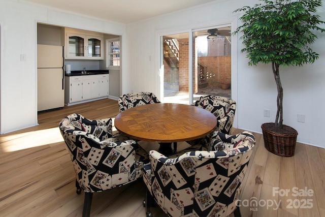 dining space with ceiling fan, indoor wet bar, a healthy amount of sunlight, and light wood-type flooring