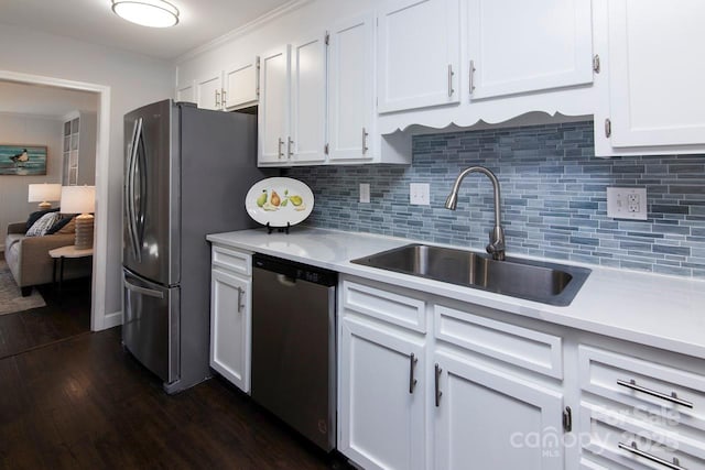 kitchen with dark wood-type flooring, sink, appliances with stainless steel finishes, decorative backsplash, and white cabinets