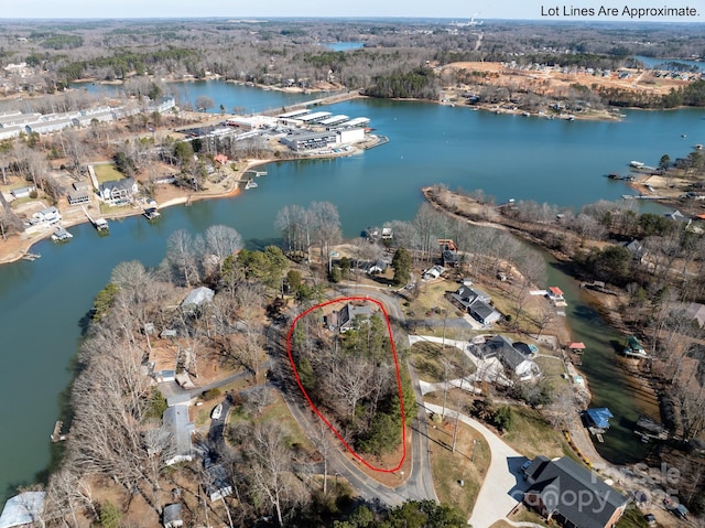 aerial view featuring a water view