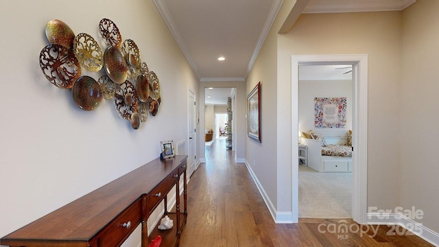 hallway featuring hardwood / wood-style floors and crown molding