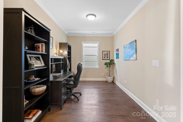 office area with dark wood-type flooring and ornamental molding