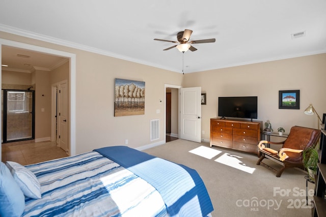 bedroom with light carpet, ceiling fan, and ornamental molding