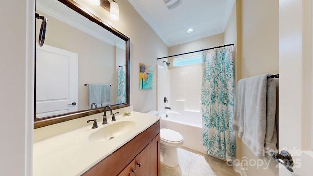 full bathroom with toilet, vanity, tile patterned flooring, crown molding, and shower / tub combo with curtain