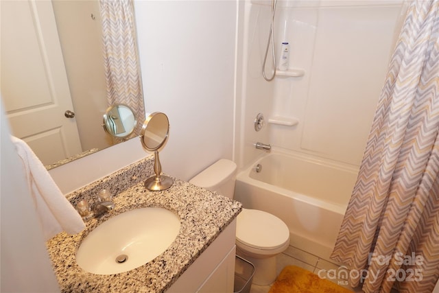 full bathroom with vanity, shower / tub combo with curtain, tile patterned floors, and toilet