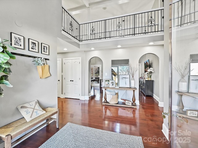 foyer with dark wood-type flooring and a towering ceiling