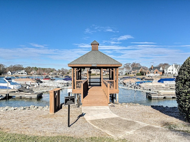 dock area featuring a water view and a gazebo