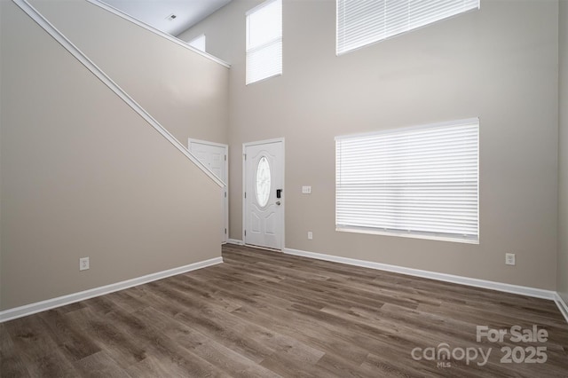 entryway featuring dark wood-type flooring and a towering ceiling