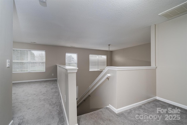 stairway featuring carpet floors and a textured ceiling