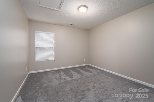 empty room featuring a textured ceiling and carpet flooring