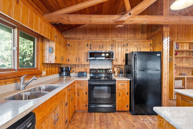 kitchen with wood ceiling, sink, black appliances, light hardwood / wood-style flooring, and vaulted ceiling with beams