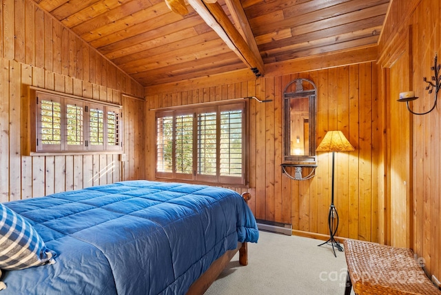 bedroom featuring carpet, vaulted ceiling with beams, wood walls, and wood ceiling