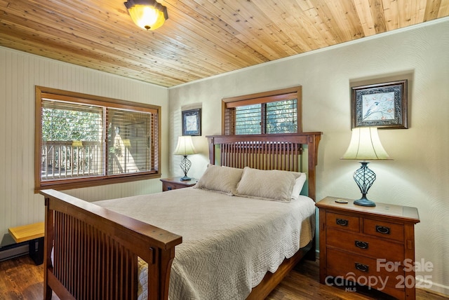 bedroom with multiple windows, wooden ceiling, crown molding, and dark wood-type flooring