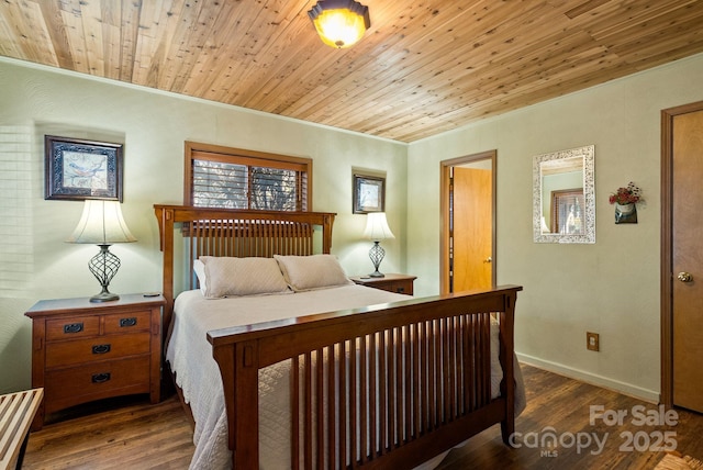 bedroom with dark hardwood / wood-style floors, ornamental molding, and wood ceiling