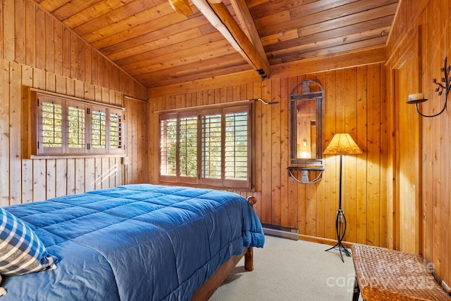 44 Yanequa Way, Brevard, NC 28712 - carpeted bedroom with multiple windows, baseboard heating, wooden ceiling, and wood walls