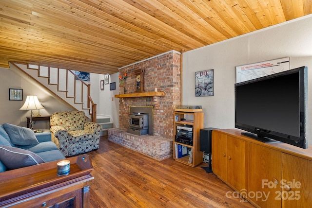 44 Yanequa Way, Brevard, NC 28712 - living room with wooden ceiling, stairs, and wood finished floors