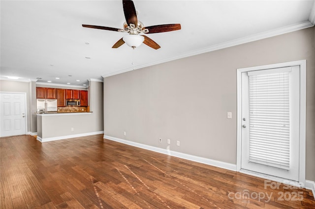 unfurnished living room with ceiling fan, crown molding, and hardwood / wood-style flooring