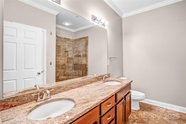 bathroom featuring toilet, ornamental molding, walk in shower, and vanity