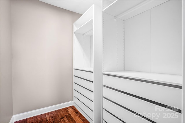 walk in closet with dark hardwood / wood-style floors