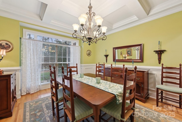 dining area with crown molding, beamed ceiling, coffered ceiling, and a notable chandelier