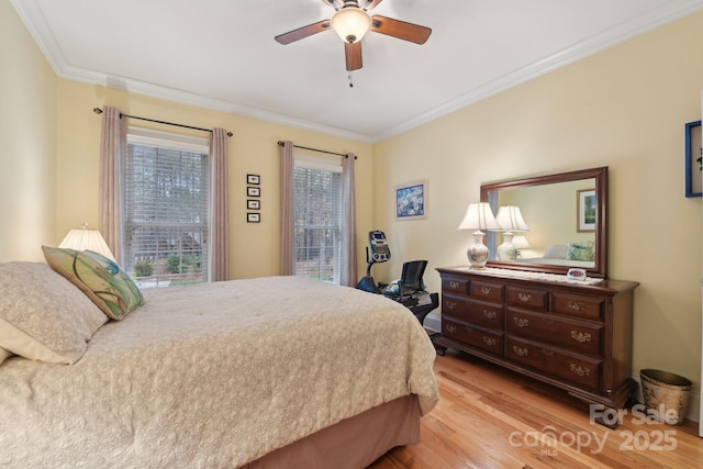 bedroom featuring ceiling fan, light hardwood / wood-style floors, ornamental molding, and multiple windows