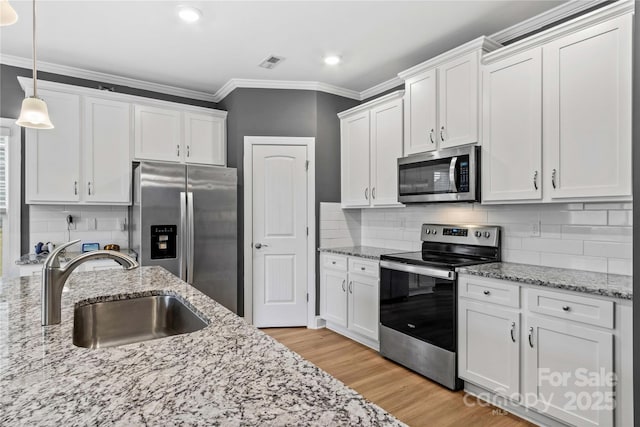 kitchen with white cabinetry, sink, hanging light fixtures, stainless steel appliances, and backsplash