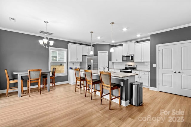 kitchen featuring white cabinets, appliances with stainless steel finishes, a kitchen island with sink, and hanging light fixtures