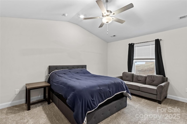 carpeted bedroom with ceiling fan and lofted ceiling