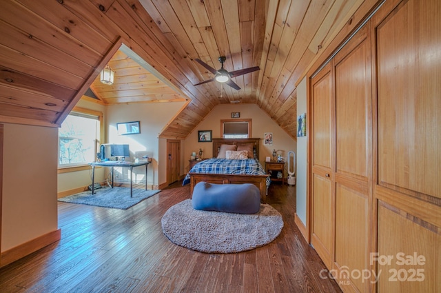 bedroom with wooden ceiling, hardwood / wood-style floors, and lofted ceiling