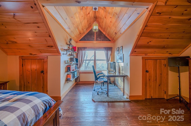 bedroom featuring lofted ceiling, wood ceiling, and wood-type flooring