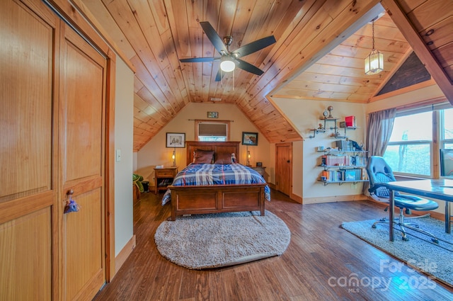 bedroom with ceiling fan, dark hardwood / wood-style flooring, wood ceiling, and vaulted ceiling