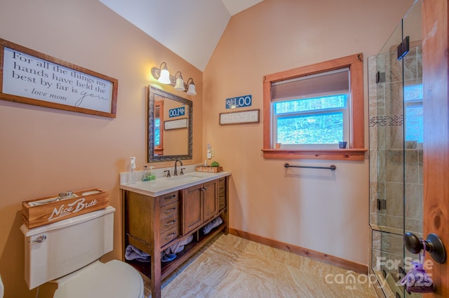 bathroom with toilet, lofted ceiling, a shower with shower door, and vanity