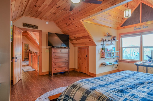 bedroom featuring lofted ceiling, ceiling fan, dark hardwood / wood-style flooring, and wood ceiling