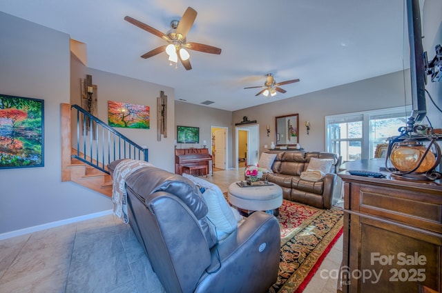 living room with ceiling fan