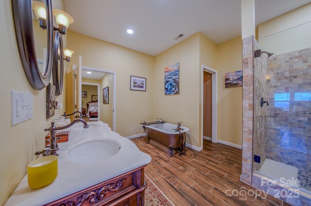 bathroom with separate shower and tub and vanity