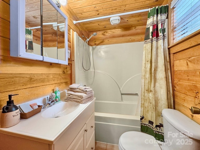 full bathroom with wooden ceiling, toilet, shower / tub combo, and wooden walls