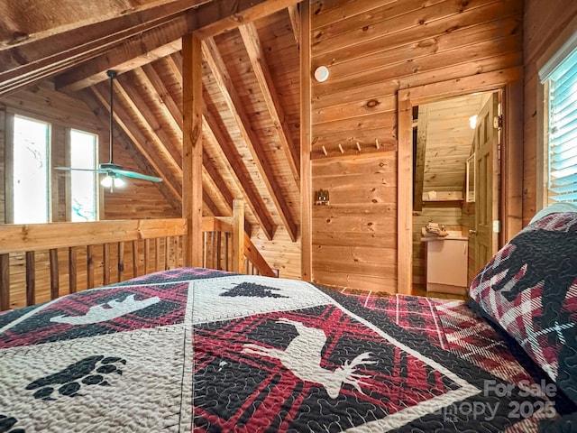 bedroom featuring lofted ceiling with beams, wooden ceiling, and wooden walls