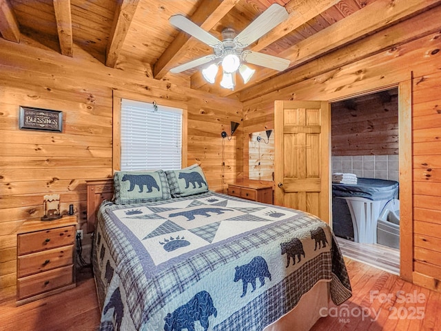 bedroom featuring wooden ceiling, wood-type flooring, beam ceiling, ceiling fan, and wood walls