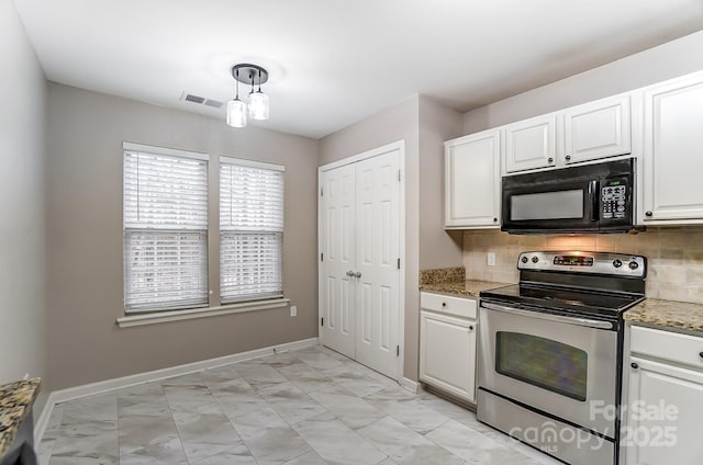 kitchen featuring white cabinetry, light stone countertops, tasteful backsplash, pendant lighting, and stainless steel electric stove