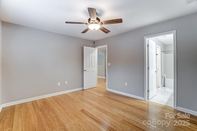 unfurnished bedroom with ceiling fan and light hardwood / wood-style flooring