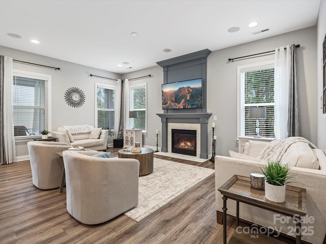 living room with a fireplace and dark hardwood / wood-style floors