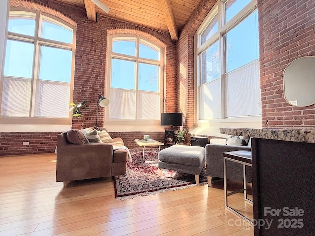 201 S Hoskins Rd Unit 136, Charlotte, NC 28208 - living room with brick wall, light wood-type flooring, and a wood ceiling with exposed beams
