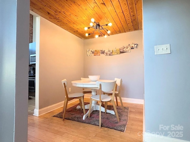 dining space featuring a chandelier, wood ceiling, and hardwood / wood-style flooring