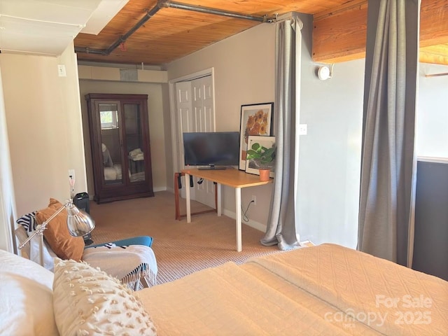 living room featuring carpet flooring and wood ceiling