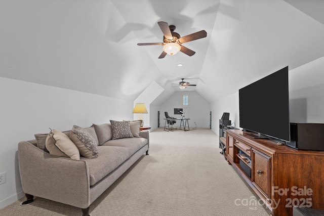 living room featuring ceiling fan, light colored carpet, and vaulted ceiling