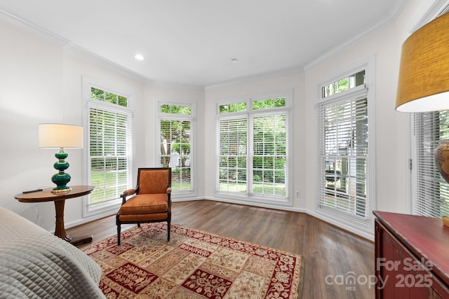 living area featuring ornamental molding and hardwood / wood-style flooring