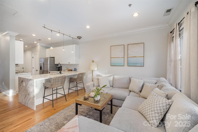 living room with track lighting, crown molding, light hardwood / wood-style floors, and sink