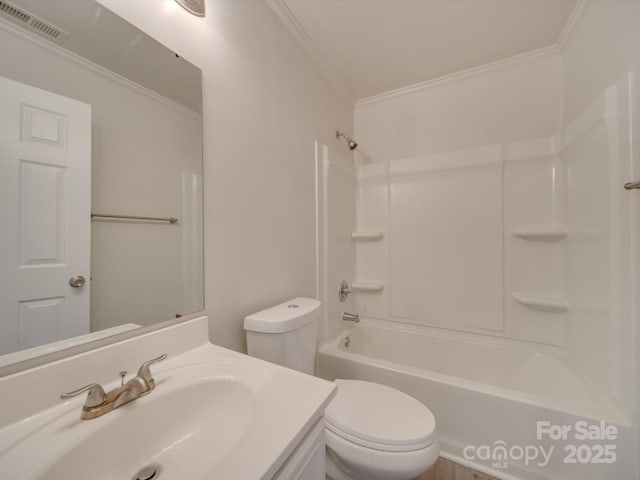 full bathroom with crown molding, vanity, shower / bathtub combination, and toilet