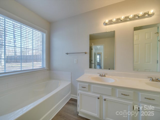 bathroom with vanity, wood-type flooring, and a tub