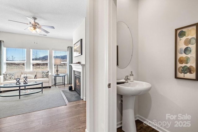 bathroom featuring hardwood / wood-style flooring, ceiling fan, sink, and a textured ceiling